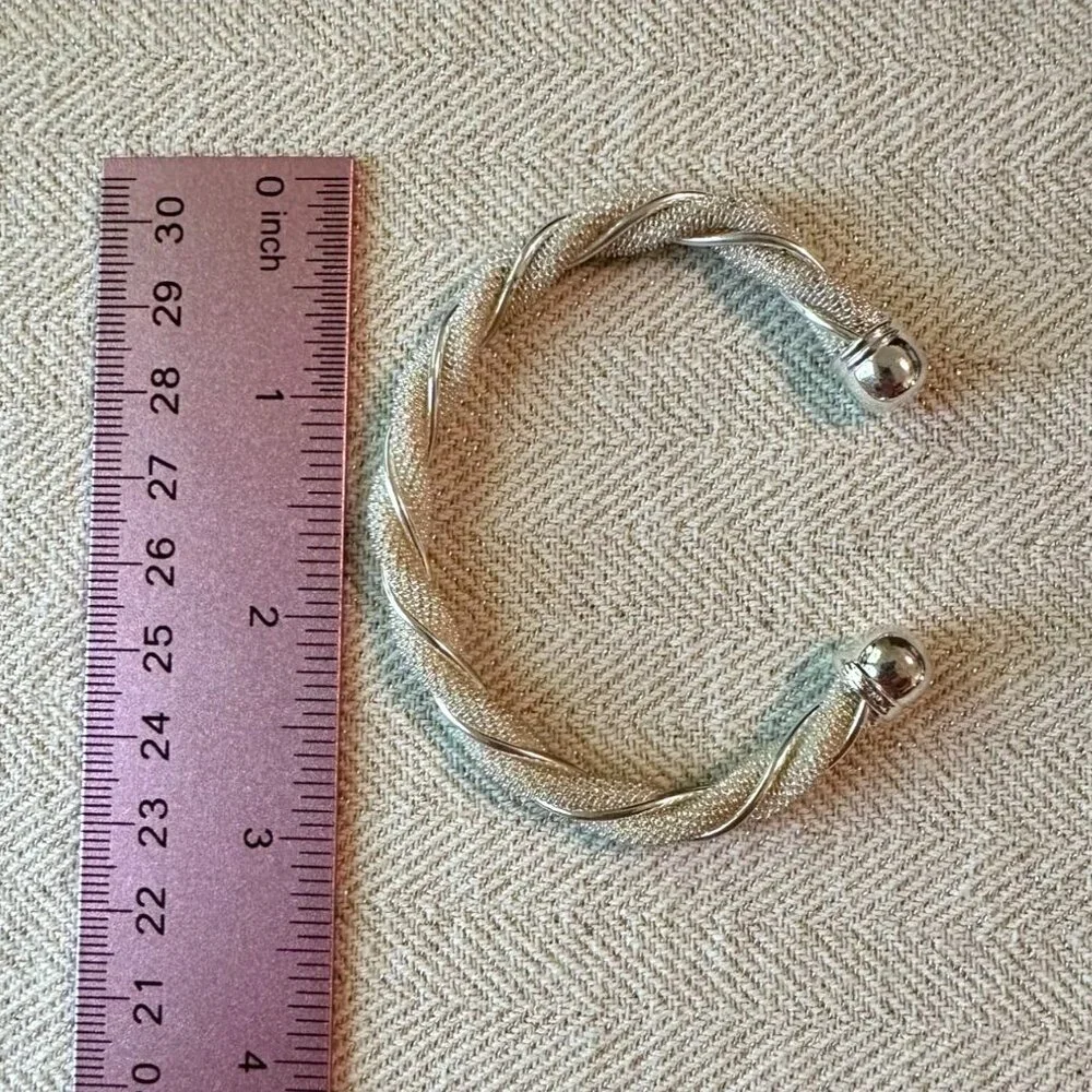 Silver-Tone Open Cuff Bracelet With Twisted Mesh Design & Polished End Caps - Picture 3 of 6